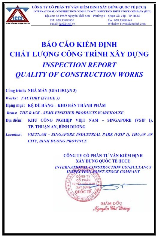 báo cáo kiểm định chất lượng kết cấu kệ hàng