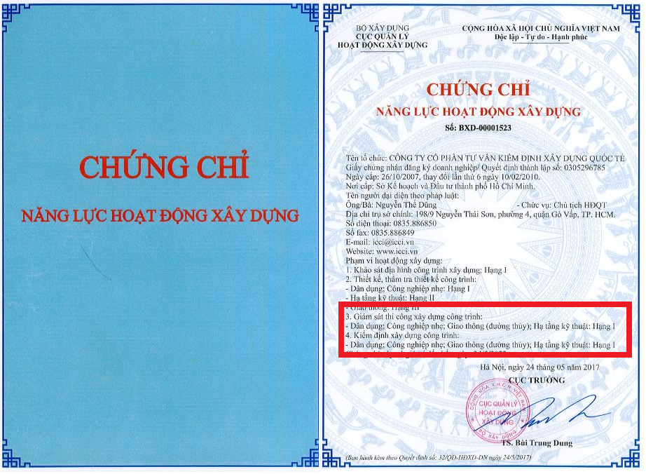 Chứng chỉ năng lực hoạt động giám sát thi công ICCI